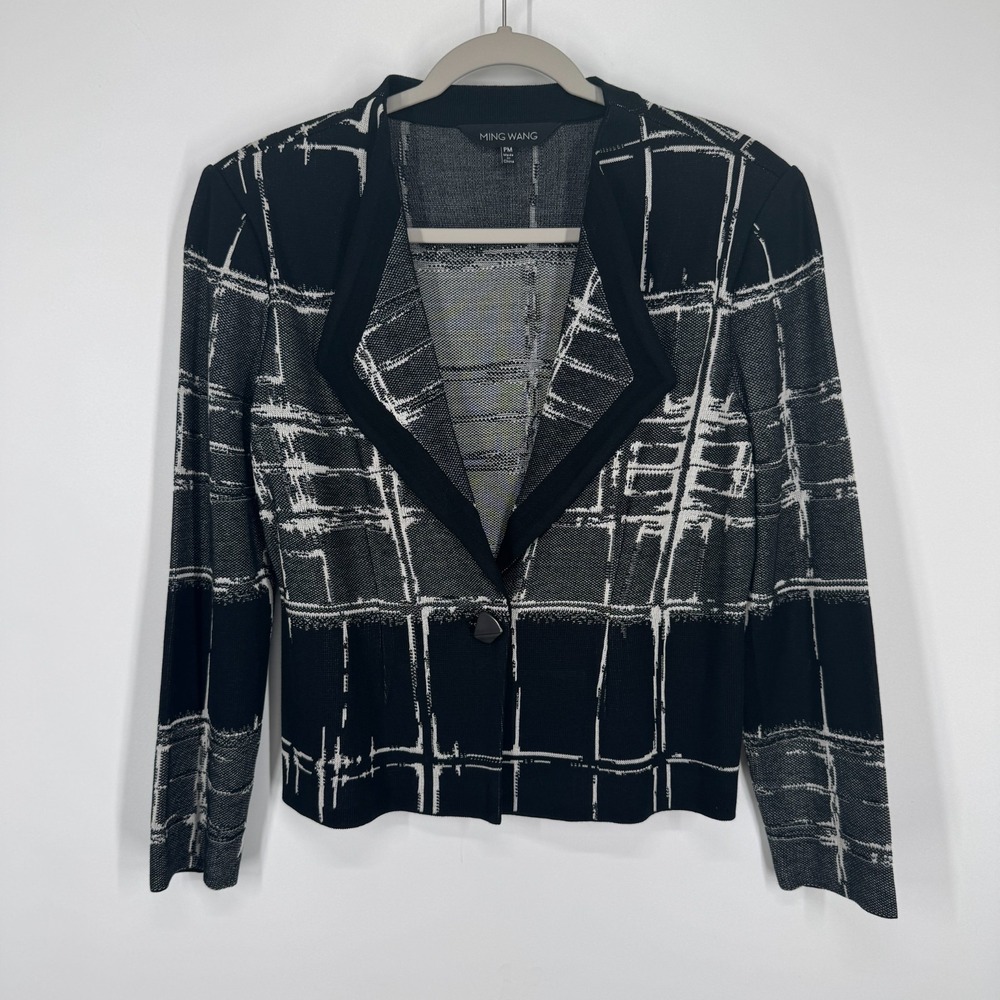 Ming Wang Acrylic Knit Jacket Blazer Sz PM Windowpane Business Office Goth